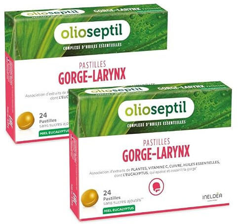 OLIOSEPTIL - Pastillen für Rachen-Hals - ohne Zuckerzusatz - Pflanzenextrakten, Vitamin C, Kupfer und ätherischen Ölen - Hilft Beruhigt den gereizten Rachen - Honig-Eukalyptus - 2x 24 Pastillen