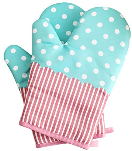 VILLFUL Heat Resistant Oven Mittens Thickened Cotton Blend Baking Gloves Microwave Gloves for Kitchen Cooking Protection 2pcs Blue Dot Pattern