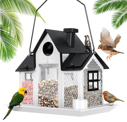 Solar Bird Feeders House for Outside Hanging, Metal Wild Bird Feeder for Outdoors Large Capacity Cardinal Birdfeeder Birdhouses Metal Bird Feeding Station White