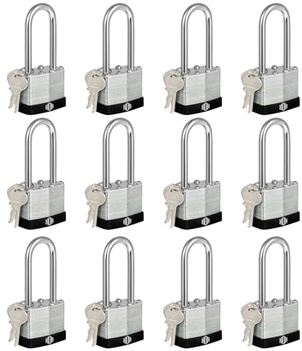 HOX Gleichschließende Vorhängeschlösser mit 5,1 cm langem gehärtetem Bügel, 4,8 cm breiter Körper, 12 Stück Bügel-Vorhängeschloss für Haspenriegel, Schuppen, Zaun, Aufbewahrungsspind, Schwarz
