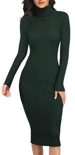 v28 Women Long Turtleneck Knit Stretchable Elasticity Long Sleeve Slim Fit Sweater Dress(L,Dark Green)