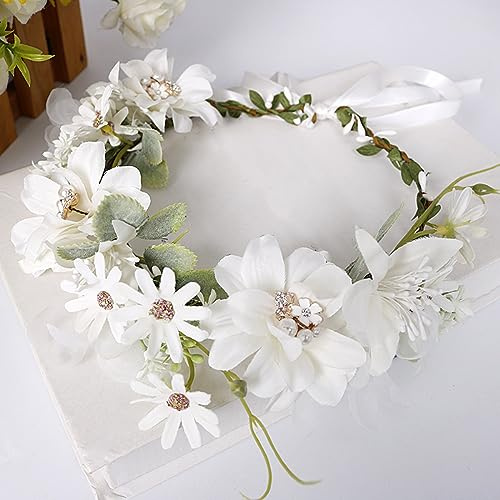 Blumenkranz Haare Haarkranz Blumen Haarreif, Blumenmädchen Stirnbänder Kopfschmuck Floral Girlande Blumenstirnband Verstellbarer Gürtel für Hochzeit Zeremonie Party Festival,Weiß B