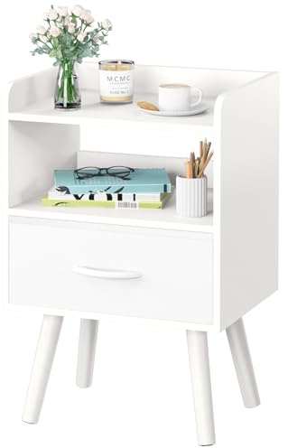 Yoobure Modern Nightstand with Drawer, Bedside Tables, Mid Century Nightstands with Open Storage Shelf, Wood Bedside Table, Small Night Stands for Bedrooms, 2-Tier Night Table