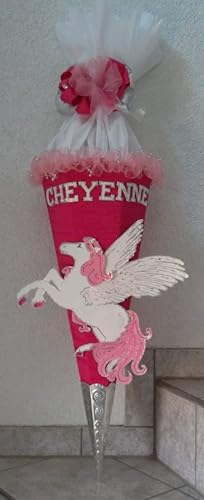 Schultüten Bastelset Pegasus/Einhorn mit Schleifenband-Rüsche pink-weiß MaterialType Schultütenzuschnitt 400g Karton