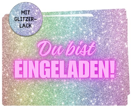 12x Glitzer Party Einladungskarten - Für den Kindergeburtstag von Mädchen - coole Glitzer Geburtstagseinladungen inkl. Messenger Bild & Urlaubsgutschein