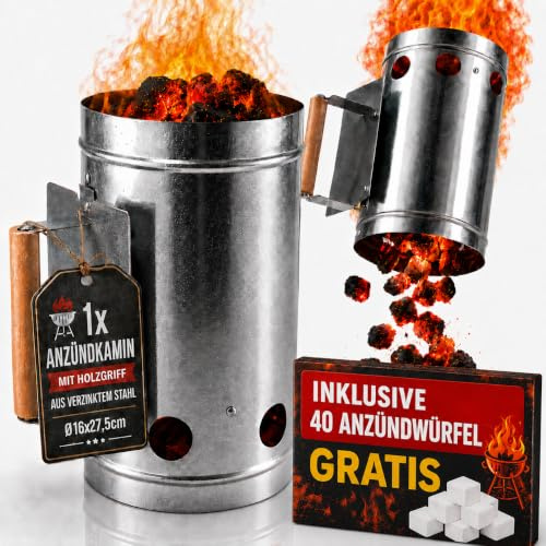 Grillanzünder - Kohleanzünder - Anzündkamin - Grillstarter - Kohlestarter - ca.Ø 17 x 27 cm - Stahlblech verzinkt/Holz - hitzebeständig - einfache Anwendung - mit Funkenschutz