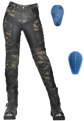 SHAIYOU Womens Motorcycle Trousers, Ladies Motorbike Protective Stretch Jeans Breathable Cloth Armoured Riding Motocross Racing Safety Pants with 4 Removable Armour (Green,M)