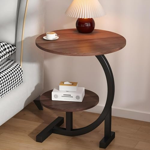 Eiauiuo Rund Beistelltisch Marmorimitatmuster aus MDF Modern Couchtisch mit 2 Ablagen C-förmiger Schwarzer Metall Rahmen Beistelltisch für Wohnzimmer Sofatisch Nachttisch hoch 62cm(Color:Braun)
