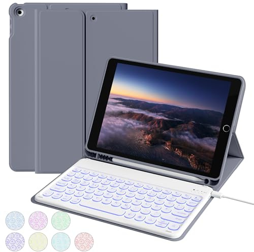 aoub Tastatur Hülle für iPad 9./8./7. Generation 10,2 Zoll 2021/2020/2019 | Kabellose QWERTZ Tastatur Hülle mit Stifthalter für iPad 10,2 9/8/7 Gen, 7 Farben Beleuchtung, Violett
