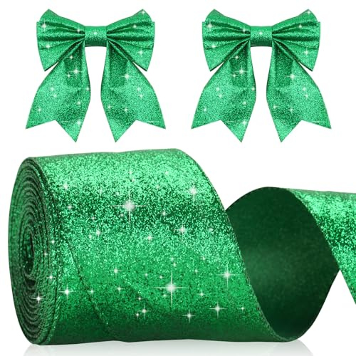 KINGLAKE Geschenkband mit Draht Grün, Weihnachtenband Glänzend 6cm, Drahtband Glitzer Breit, Schleifenband, Ribbon Band, Dekoband für Weihnachten, Geschenk, Kranz, Handwerk