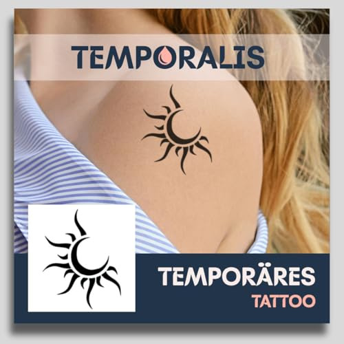 Fake Tattoo Sonne & Mond – Temporalis® | Temporäre Tattoos für Erwachsene – EU-zertifizierte Kosmetik, vegan & wasserfest – Hält 1 bis 2 Wochen [ Sonne & Mond ]