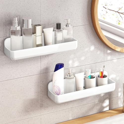 Diesisa 2 Stück Duschablage Ohne Bohren, Duschregal Wandmontage, Shampoo Halterung für Dusche, Duschkorb Selbstklebend, Acryl Regal Bad Ohne Bohren für Küche, Wohnzimmer (Lang-Weiß)