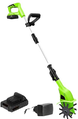 PLABNK Cordless Electric Tiller Cultivator, 250RPM Battery Garden Tiller, Cultivated Depth/Width: 250/ 100mm, Adjustable Grip (97-127cm), Running : 40 Min,for Digging, Weed Removal,A