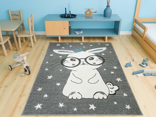 AKCILA Lima Kinderteppich Hase Grau Cremig 120x170cm Kinderzimmer Teppich, Spielteppich Kinder,Babyzimmer Tepich, Teppich Schlafzimmer,Teppiche Gegend, Kids Carpet,Kurzflorteppiche für Mädchen, Jungen