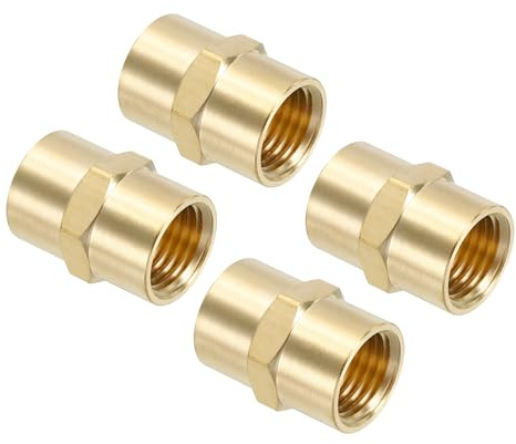 PATIKIL 1/4 x 1/4 Brass NPT Coupler, 4 Pack Female Hex Head Pipe Fitting Coupling for Home Plumbing Pipes Shower Head Bases Coupling, Gold
