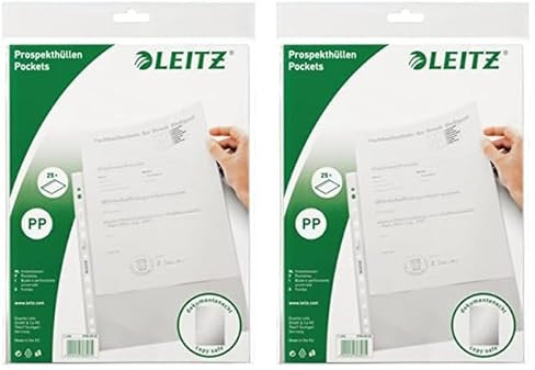 Leitz Standard Prospekthüllen-Set, 25 Stück, A4 Format, Farblos mit matter Oberfläche, 0,065 mm PP-Folie, 47966003 (Packung mit 2)