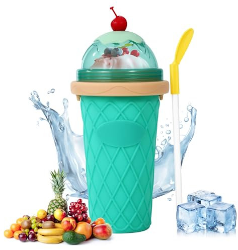 BUCOMTU Maker Cup,Taza de granizadode Silicona, vaso reutilizable para batidos con pajita y cuchara 2 en 1, vaso portátil para Familias batidos (verde)