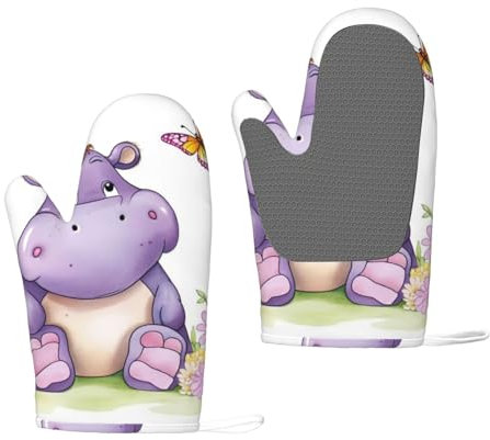Butterfly and Hippo Oven Mitts Set of 2 Heat Resistant Silicone Oven Gloves with Soft Lining Non-Slip Kitchen Cooking Mitt Long Waterproof Potholders Kitchen Essentials