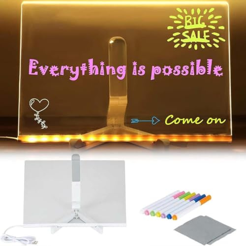 Kivvy Magic Board, Kivvy - Magicboard Where Creativity Lights Up, LED Notiztafel mit Farben, Acryl Notiztafel mit 7 Farben Stift, Transparente Acryl Tafel Abwischbar Drawing Board für Büro (7.87in)