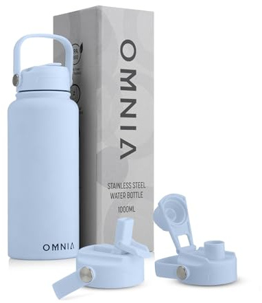 OMNIA Vacuum Insulated Stainless Steel Water Bottle, 2 Lids (Straw & Spout) Leakproof, BPA-Free, Reusable Flask for Sports, Gym, Travel, Outdoors (Sky Blue, 1000ML)