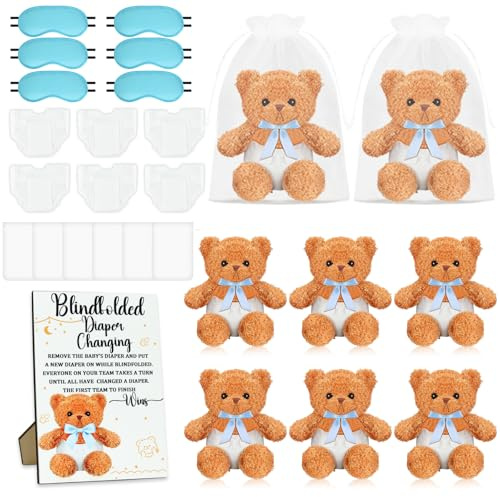 ACMEE 25 Pack Baby Shower Games Blindfold Diaper Changing Kit - 12 Inch Bear Dolls with Diapers, Fun Bridal Shower & Gender Reveal Games Supplies, Group Activity for Adults Kids(Blue)