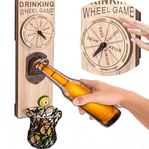 ZONSUSE Abrebotellas Pared con Juego de Beber, Abridor de Botellas Magnetico, Abrebotellas Cerveza Original, con Roulette de Bebidas,Tapón intacto, Idea regalo para Hombres Cumpleaños (con Colector)