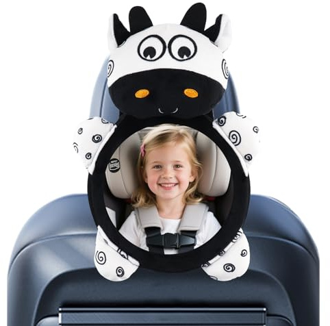 Zosenyer Specchietto Retrovisore Bambini, Specchio Auto Neonato Sedile Posteriore con Cinghie Regolabili, Specchio Macchina Neonato Infrangibile Installazione Facile, Bianco Cartone Animato Bovino