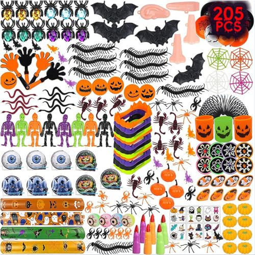 LieIe Halloween Decorazioni per Bambini 205 pezzi, Addobbi Halloween Gadget Regalo Bambino per Feste Haloween Costumi Compleanni, Accessori per Pinata Ragni Millepiedi Pipistrelli Scheletri Zucche
