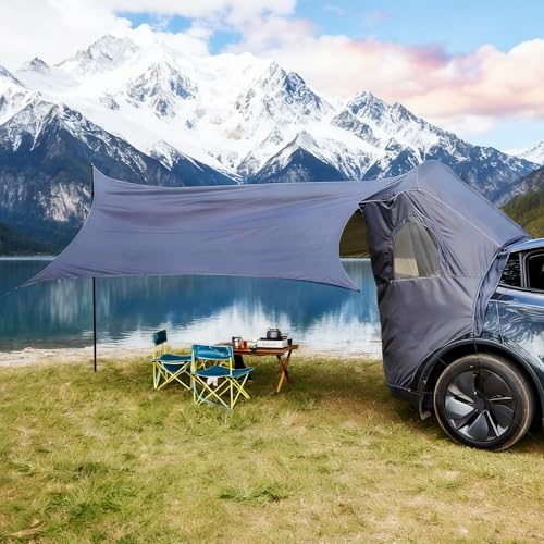 SUMK Camping Tent with Canopy for Tesla Model Y 2020-2024 Accessories [UPF50+ & Waterproof PU 3000mm] 420D Oxford Fabric Car Tailgate Shade Awning with Screen Net Suitable for 7-8 Person - Grey