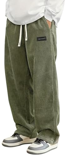 PADOLA Pantaloni Uomo in Velluto a Coste Largo Taglio Dritto, Modello con Vita Elasticizzata e Cordino, 4 Tasche, Casual Pantalone(3XL,Verde Oliva)