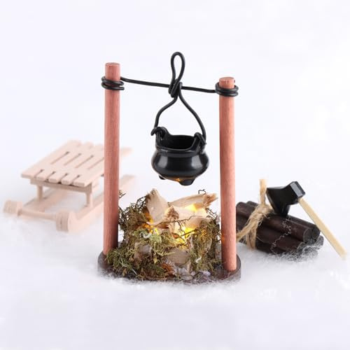 LED Lagerfeuer Wichtel Zubehör Weihnachten, DIY Puppenhaus Zubehö Lagerfeuer Krippen Zubehör Mit Axt und Holzschlitten, Wichtel Zubehör Feuerstelle Miniatur zubehör für Puppenhaus, Weihnachten