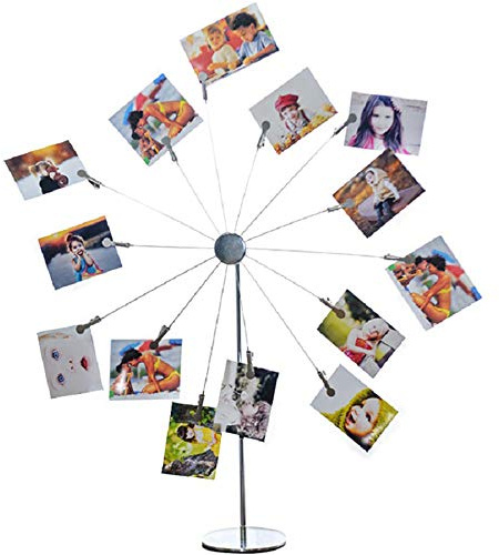 Pewihyer Desktop Photo Holder with Clips Postcard Gift Card Picture Display Stand Decor Photo Tree Stand for Table Display Romantic Design with Plated Wire and 14 Photo Metal Clips (Sky Wheel)
