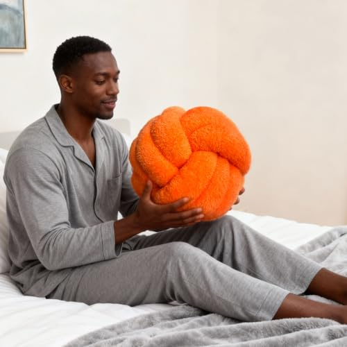 Yawnandu Throw Pillows - Knot Ball Pillow Throw Cushion Home Sofa Decoration Plush Knotted Handmade Round Pillows Orange 12 Inch