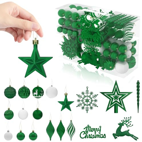 FIVMEN Weihnachtskugeln Grün 108er Set Christbaumschmuck Weihnachtsdeko Plastik inkl. Christbaumkugeln, Stern, REH Schneeflocke Weihnachtsdekoration Weihnachtsschmuck