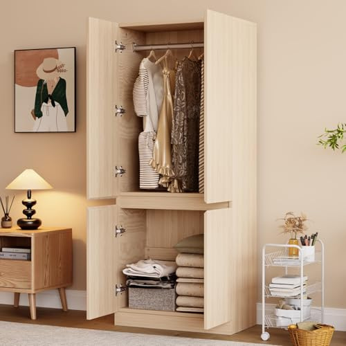 EURHCIO Penderie Vetement 70×40×170cm,Armoire Chambre Penderie,Meuble Rangement Vetement avec Tringle à Vêtements,2 Portes,2 Grands Rangement,pour Adultes,Enfants(H-Naturel)