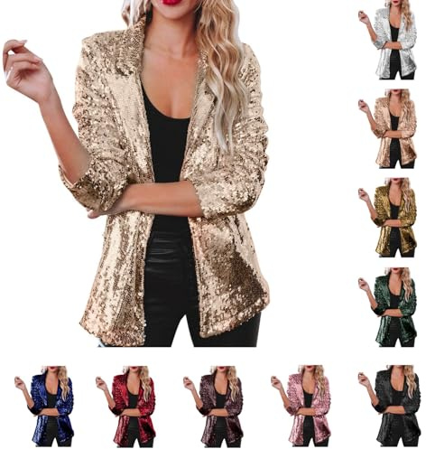 Generisch Blazer de lentejuelas para mujer, chaqueta con purpurina, abrigo, otoño, ropa de exterior, ropa de fiesta, traje de Nochevieja, A-oro, XL