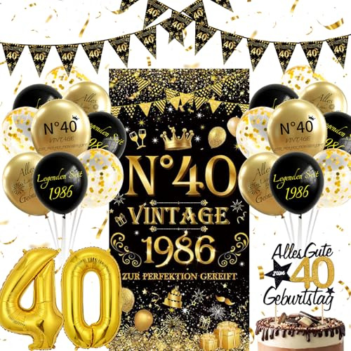 yosiio 40 Geburtstag Deko Geburtstagsdeko Frau Männer Vintage 1986 Banner | Schwarz Gold Luftballons, 40. Geburtstag Dekorationen Set