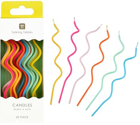 Talking Tables 20 x Rainbow Twisted Birthday Candles for Cake Decorations with Tall Spiral Wax Design for Anniversary Party Cake Topper Candles Eco Packaging, Yellow, Pink, Orange, Blue, Green 15cm