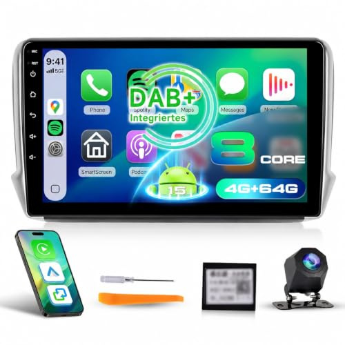 8 Core 4G+64G DAB Car Radio Stereo for Peugeot 208 2008 2013-2017, Hodozzy 10 1280P QLED Touchscreen Radio with DSP Bluetooth 5.0 Wireless Carplay Android Auto GPS WiFi Canbus SWC Reverse Camera