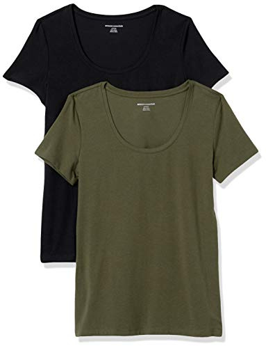 Amazon Essentials Women's Regular-Fit Short-Sleeve Scoop Neck T-Shirt (Available in Plus Size), Pack of 2, Dark Olive/Black, L