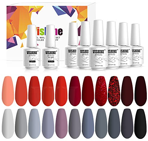 Vishine Gel-Nagellack-Set, 22 Farben, Rot, Grau, schimmernd, Glitzer, beliebte Herbst-Winter-Serie, 24-teiliges Set, Nagelkunst-Geschenkbox, Soak-Off-UV-LED-Nagellack, Maniküre, 8 ml
