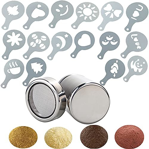 Agitadores de Polvo de Acero Inoxidable con Tapa para Almacenamiento, Coctelera de Chocolate con Tapa de Malla Fina Acero inoxidable Dragas para Canela Especias Cacao con 16 Plantillas de Café