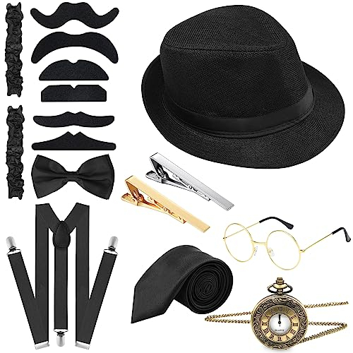 PLULON 12 teiliges 1920er Herren Kostümzubehör Set Roaring Retro Gangster Kostüm, Hut, Fliege, Taschenuhr, Hosenträger, Brille, Bart, Armband Strumpfbänder, Taschenuhr