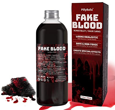 Halloween 300ml Kunstblut Schminke Set, 300ml Fake Blood Tropfendes, 2 Schwamm, Künstliches Frisches Blut Kunstblut Auswaschbar Theaterblut Filmblut für Kleidung und Haut, Kunst Blut für Karneval