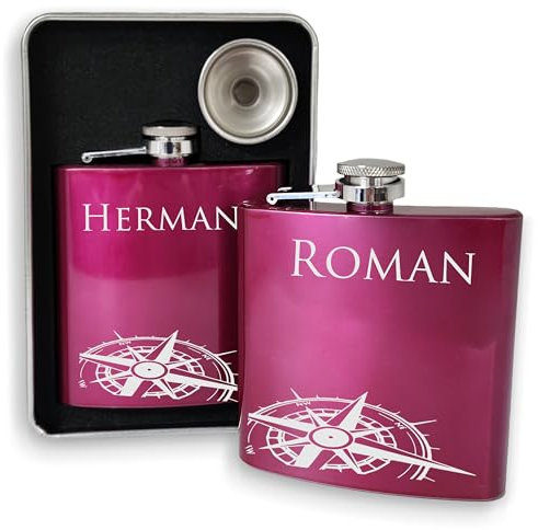 KDO MAGIC - Flachmann mit gravur - Personalisiertes Geschenk - Mehrere Logos - 175ml - Rosa Farbe - Geschenkidee für Herren, Geburtstag, Vatertag (Motiv: Kompass)