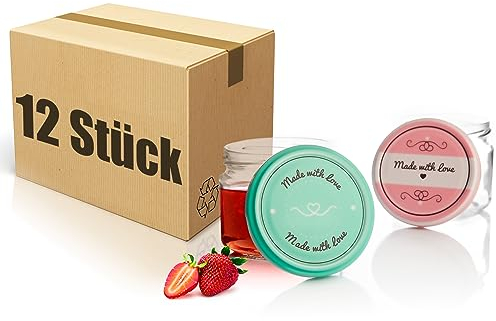 BigDean 12er Set Einmachgläser mit Deckel in rosa und Pastell-grün in Made with Love Stil - 330ml Sturzgläser Marmeladenglas