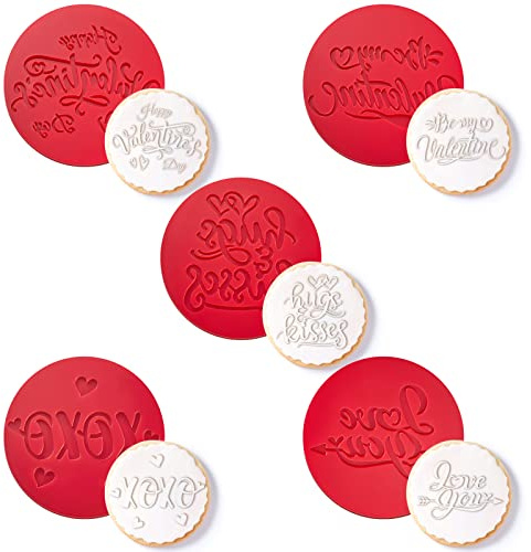 Nuenen 5 Pcs Happy Valentines Day Fondant Cookie Stamp 3D Cupcake Embosser Stamp Red Acrylic Valentines Embossers for Biscuits, Fondant, Icing, Cake Baking Decorations