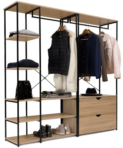 IDMarket - Armadio componibile con doppio guardaroba, ripiani e 2 cassetti L. 170 cm DETROIT design industriale