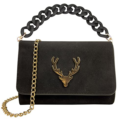 Alpenflüstern Trachtentasche schwarz Hirsch-Zauber - Damen Handtasche, Schultertasche fürs Dirndl, Tasche zur Tracht, Dirndltasche mit Metallelemente (gold-farben) DTA097