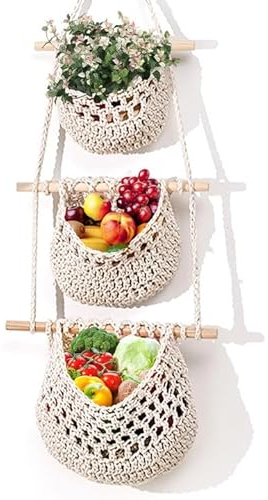 Cimvidi Hängende Obstkörbe, 3 Stöckiger Obst Hängekorb, Handgewebte Hängende Aufbewahrungskörbe für Küche, Wohnzimmer, Badezimmer, Schlafzimmer